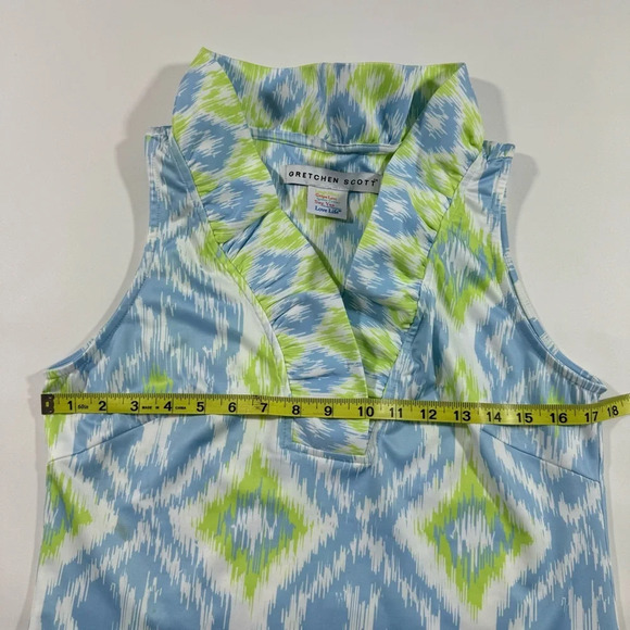 Gretchen Scott Ruffleneck Sleeveless Dress Lime Periwinkle Geo Print - Picture 4 of 5